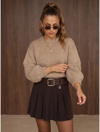Dámský volný svetr s kulatým výstřihem, béžový, FashionStreet MY2585 Dámský volný svetr s kulatým výstřihem, béžový, FashionStreet MY2585
