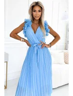 549-2 MIRABELLA Plisované šifonové midi šaty s výstřihem a jemnými volánky - MODRÉ