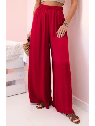 Široké dámské viskózové kalhoty s elastickým pasem vínové