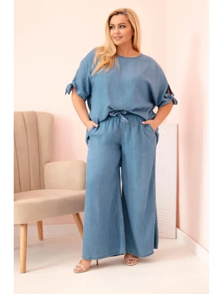 Dámská souprava Plus Size z tencelu, halenka s vázáním a široké kalhoty džínový