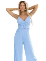 593-2 Elegantní overal s obálkovým výstřihem, širokými nohavicemi a páskem - MODRÝ