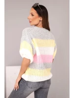 Dámský svetr s krajkovým vzorem v barevných pruzích s krátkým rukávem šedý