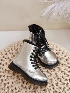 Zateplené dívčí lakované boty na zip stříbrné Novita