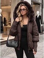 Dámská zimní prošívaná bunda s kožešinou, čokoládová, FashionStreet TY5993