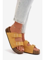 Dámské pantofle na korkové platformě se zlatými sponami Žluté Tovessa