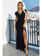 598-1 IRINA oslnivé dlouhé šaty s brokátem, obálkovým výstřihem a rozparkem na nohou - černé