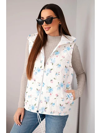 Dámská prošívaná vesta s kapucí s květinovým vzorem modrá