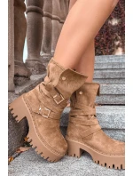 Dámské kotníkové boty na masivním podpatku s přezkami a páskem Khaki Nerelisa
