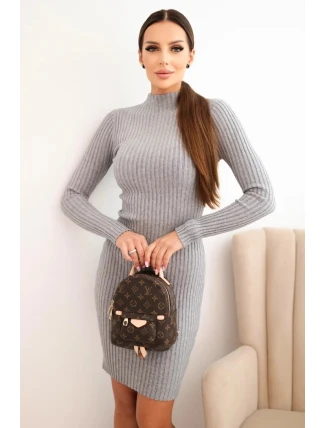 Dámská viskózová pruhovaná šaty s dlouhým rukávem a stojáčkem šedá