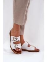 Kožené Ploché Sandály S Přezkami Bílé Zazoo 3020