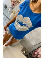 Halenka s potiskem rtů chrpově modrá