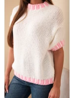 Dámský svetr s krátkým rukávem a kontrastním lemem ecru