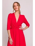 S404 Úpletové šaty s vázacím páskem - červené