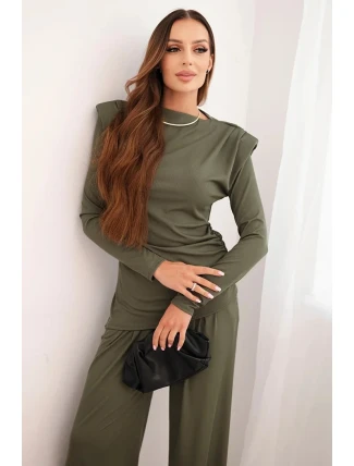 Dámská bavlněná souprava s halenkou a kalhotami s širokým nohavicemi khaki