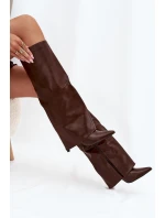 Dámské zateplené kozačky na jehlovém podpatku s vyhrnutou holení Tamonia – čokoládové, eko semiš