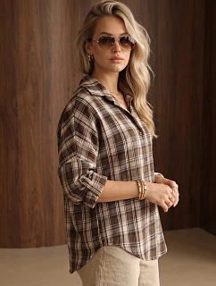 Dámská bavlněná košile s hnědým kostkovaným vzorem FashionStreet DY0511