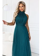 636-4 VERONICA – luxusní dlouhé šaty s brokátovým detailem a elegantním střihem – zelené