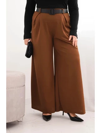 Dámské kalhoty Plus Size se širokou nohavicí a páskem čokoládové