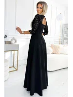 309-11 AMBER krajkové elegantní dlouhé šaty s výstřihem a rozparkem na nohou - BLACK 309-11 AMBER krajkové elegantní dlouhé šaty s výstřihem a rozparkem na nohou - BLACK
