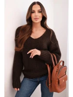 Dámský svetr s podílem vlny a výstřihem do V hnědý
