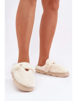 Futrzane Pantofle S Malou Broží Světle Béžové Primaria