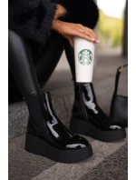 Lakýrované dámské kotníkové boty na platformě a klínku, černé Wloedia