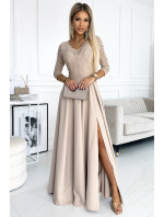 AMBER - Elegantní béžové krajkové dlouhé dámské šaty s výstřihem a rozparkem na noze 309-10