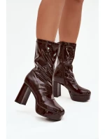 Dámské lakované boty Calvessa – čokoládové, na platformě a sloupkovém podpatku