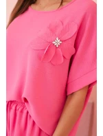 Dámský komplet z viskózy s ozdobným květem a širokými kalhotami - růžový