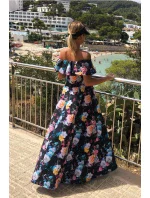 Dlouhé dámské černé šaty s barevnými květy a španělským výstřihem model 7118058