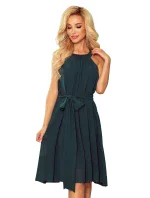 ALIZEE - Dámské šifonové šaty v lahvově zelené barvě s vázáním 350-4