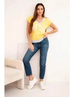Dámská bavlněná blůza s výstřihem do V a potiskem NEW YORK žlutá