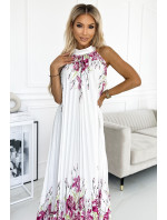 ESTER - Bílé dámské plisované saténové maxi šaty se vzorem růžových květů 456-2