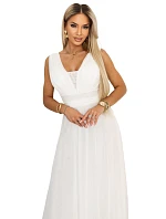 637-8 Dlouhé maxi šaty s brokátovým akcentem a hlubokým výstřihem - ecru barva