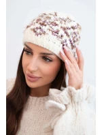 Dámská zimní čepice s barevnými vzory a silným nápletem K353 ecru+fialový