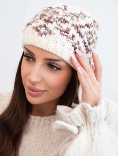 Dámská zimní čepice s barevnými vzory a silným nápletem K353 ecru+fialový