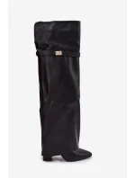 Zateplené kozačky s vytočenou holínkou za koleno podpatek sloupek černé Serelle