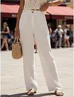 Dámské letní široké bílé plátěné kalhoty FashionStreet UY3080 Dámské letní široké bílé plátěné kalhoty FashionStreet UY3080