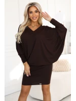 402-9 Pohodlné šaty s dlouhými rukávy - čokoládové