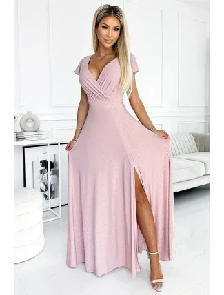 411-6 CRYSTAL třpytivé dlouhé šaty s výstřihem - BRUCE PINK