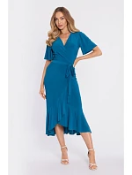 M912 Zavinovací midi šaty s volánem a řasením - oceánsky modré