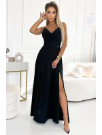 299-18 CHIARA elegantní maxi dlouhé šaty bez ramínek - ČERNÉ S BROKEREM 299-18 CHIARA elegantní maxi dlouhé šaty bez ramínek - ČERNÉ S BROKEREM