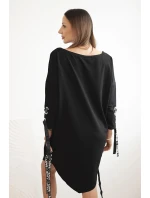 Dámská asymetrická šaty s ozdobnými páskami a rukávem 3/4 modrá Dámská asymetrická šaty s ozdobnými páskami a rukávem 3/4 modrá