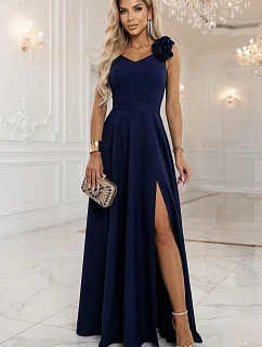 643-4 Elegantní večerní maxi šaty s rozparkem a růžemi - tmavě modré