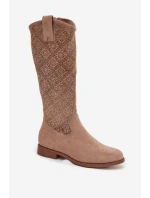 Dámské prolamované kozačky na plochém podpatku S.Barski – béžové