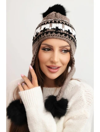 Dámská zimní vlnená čepice s ušnicemi a bambulkami K436 mocca Dámská zimní vlnená čepice s ušnicemi a bambulkami K436 mocca