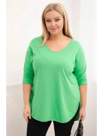 Dámská bavlněná blůza Plus Size s výstřihem do V a ohrnutým rukávem světle zelená