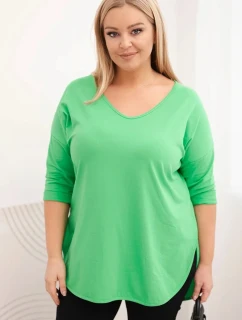 Dámská bavlněná blůza Plus Size s výstřihem do V a ohrnutým rukávem světle zelená