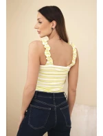 Dámská žebrovaná halenka s pruhy na ramínka s volánkem zelená