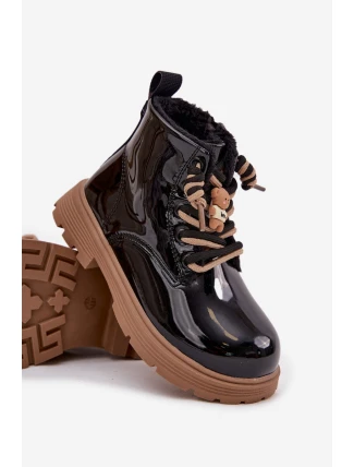 Dětské zateplené lakované kotníkové botky s medvídkovou připínkou – černé Jovellea